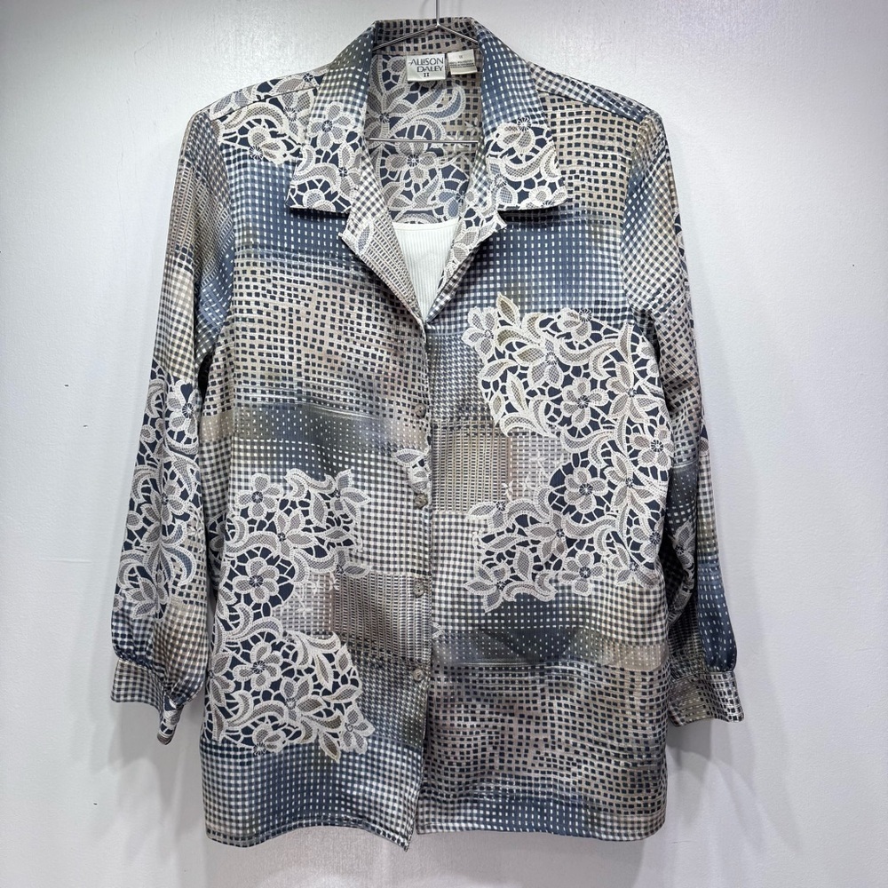 Patchwork and Lace Print Button Front Tunic Top Vintage Allison Daley Size 1X